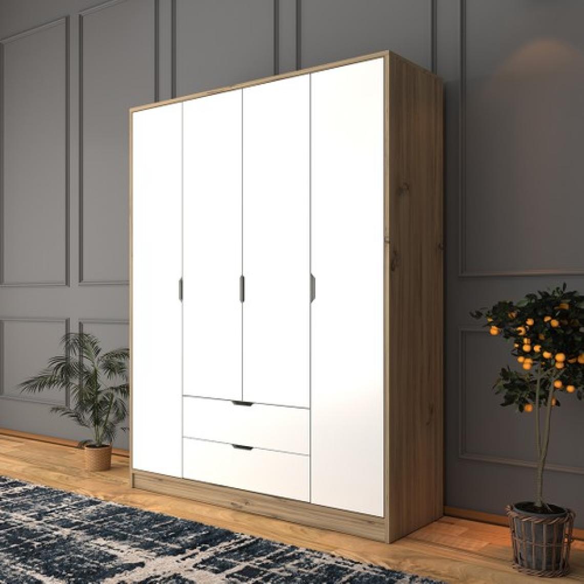Midoser Mat Beyaz - Keçe (Açık Ceviz) 4 Kapılı 2 Çekmeceli Elbise Dolabı - Gardırop