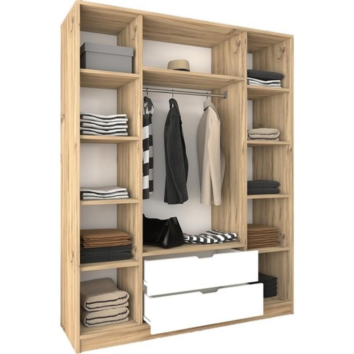 Midoser Mat Beyaz - Keçe (Açık Ceviz) 4 Kapılı 2 Çekmeceli Elbise Dolabı - Gardırop