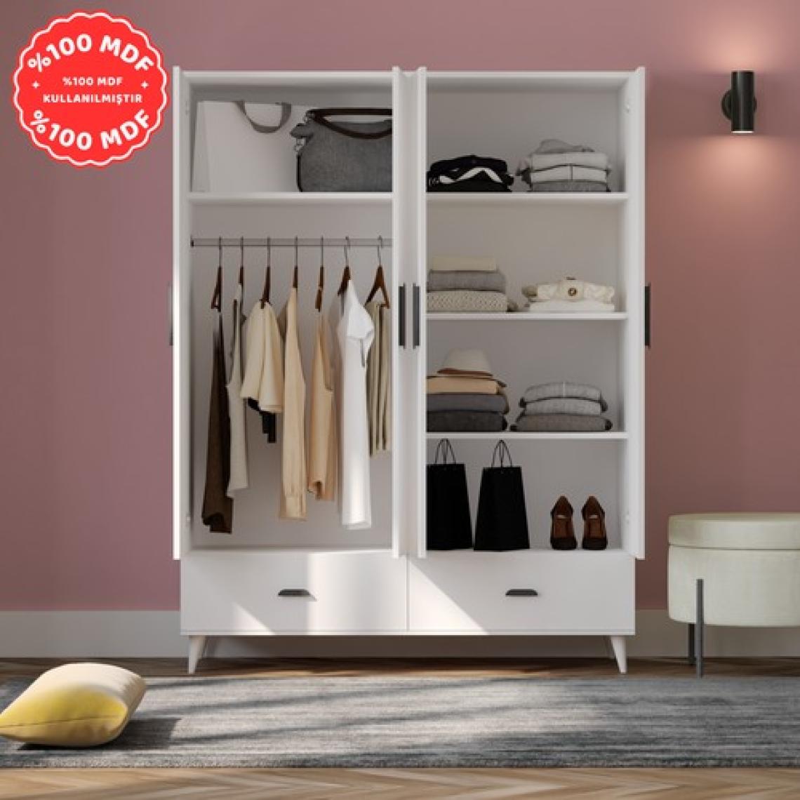 İmbaş Inci 4 Kapaklı 2 Çekmeceli Gardırop Beyaz %100 Mdf