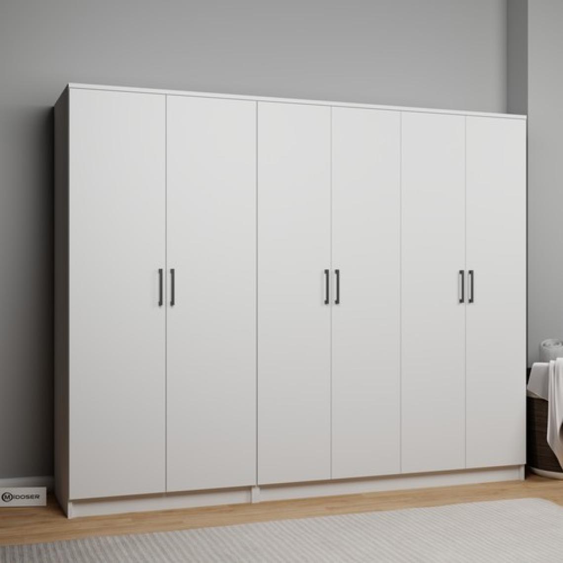 Kardelen Serisi 220  cm  Mat Beyaz 6 Kapılı 9 Raflı Elbise Dolabı - Gardırop Seti