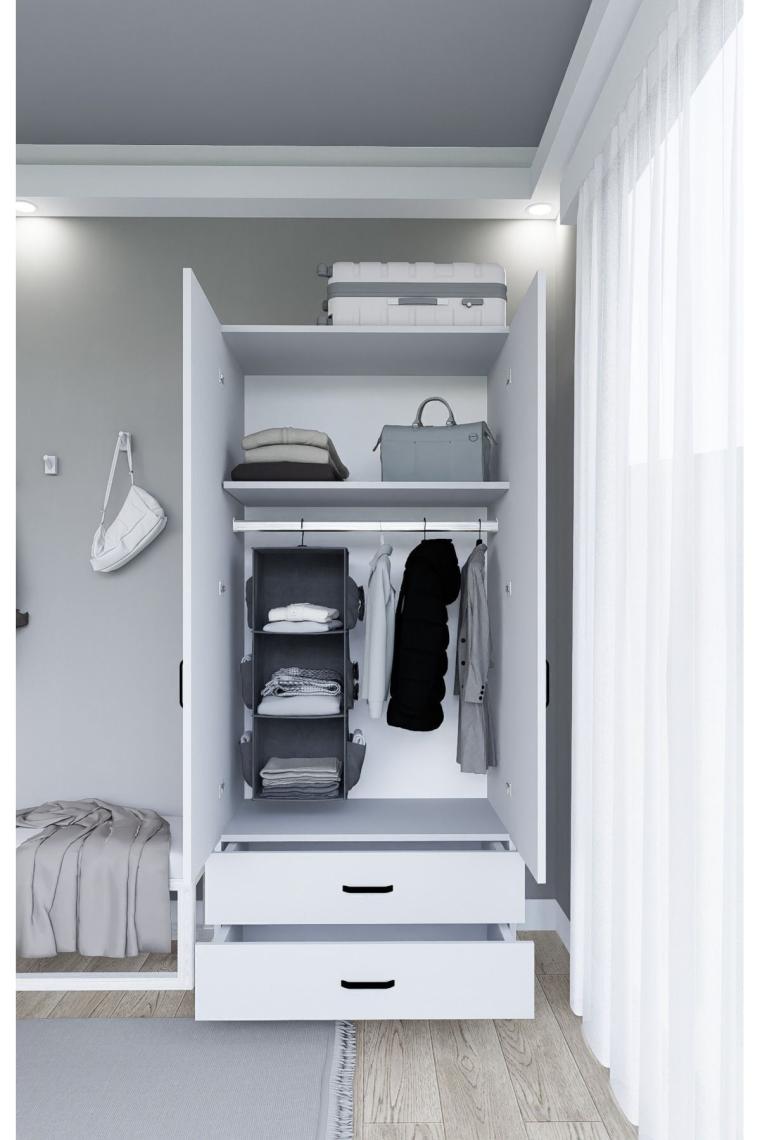 Yaman 80 cm Mat Beyaz 2 Kapaklı 2 Çekmeceli Elbise Dolabı - Gardırop
