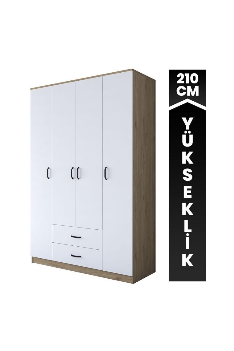 Rani BA112 Geniş Gardırop Elbise Dolabı 4 Kapaklı 2 Çekmeceli 13 Raflı 1 Askılı Sepet Ceviz - Beyaz