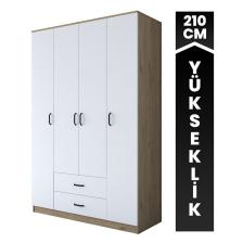 Rani BA112 Geniş Gardırop Elbise Dolabı 4 Kapaklı 2 Çekmeceli 13 Raflı 1 Askılı Sepet Ceviz - Beyaz