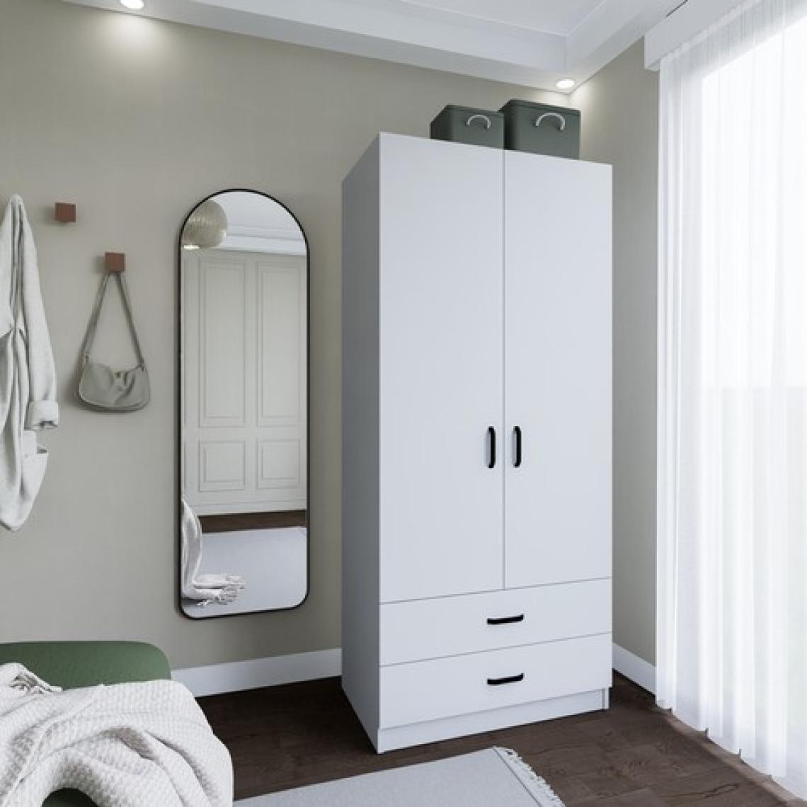 Yaman 80 cm Mat Beyaz 2 Kapaklı 2 Çekmeceli Elbise Dolabı - Gardırop