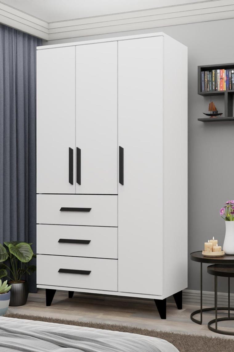 Metalia Gm 303-A Ece 3 Kapı 3 Çekmeceli Ayaklı Siyah Kulplu Gardırop