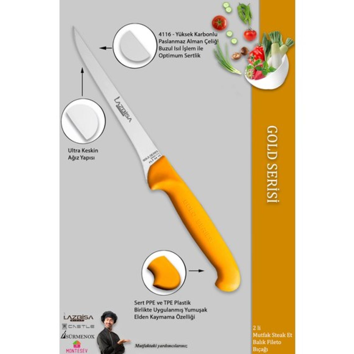 Lazbisa Gold Serisi Mutfak Fileto Bıçağı Steak Bıçak Et Balık Tavuk Kesme Fileto Bıçağı 2 Li Set ( Mft-020 )