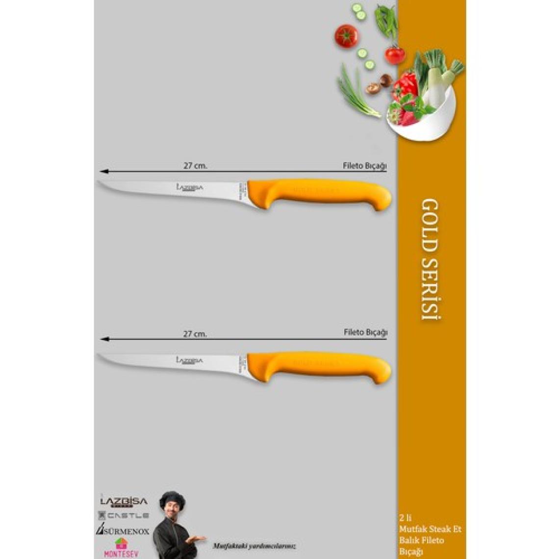 Lazbisa Gold Serisi Mutfak Fileto Bıçağı Steak Bıçak Et Balık Tavuk Kesme Fileto Bıçağı 2 Li Set ( Mft-020 )