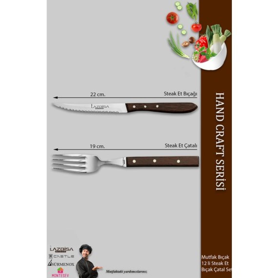 Lazbisa Hand Craft Serisi Steak Et Yemek Kahvaltı Bıçağı Çatalı 12 Li Set Mutfak Bıçak Seti ( Mtf-061 )