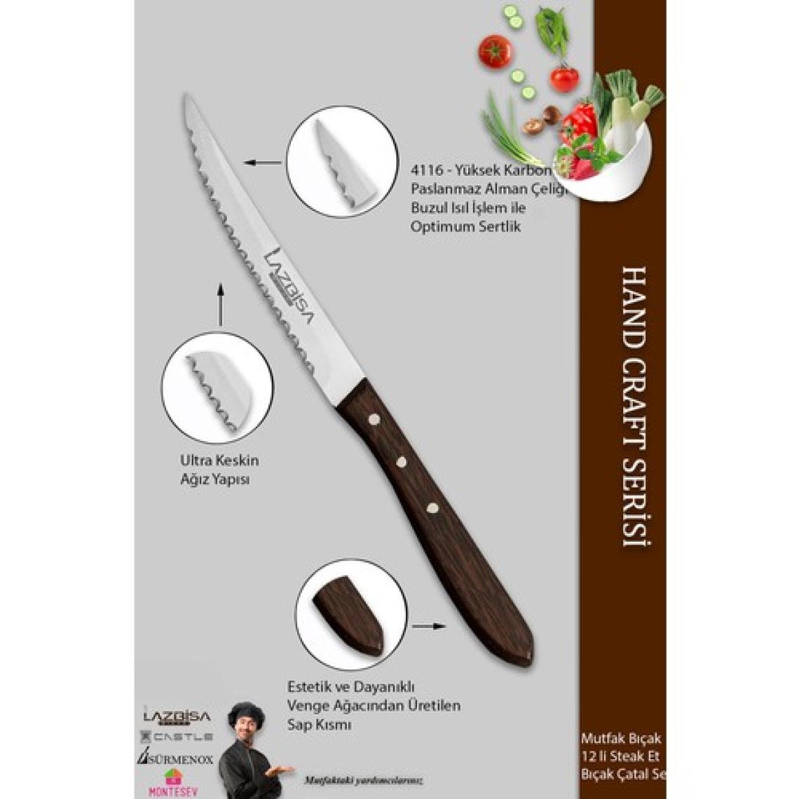 Lazbisa Hand Craft Serisi Steak Et Yemek Kahvaltı Bıçağı Çatalı 12 Li Set Mutfak Bıçak Seti ( Mtf-061 )