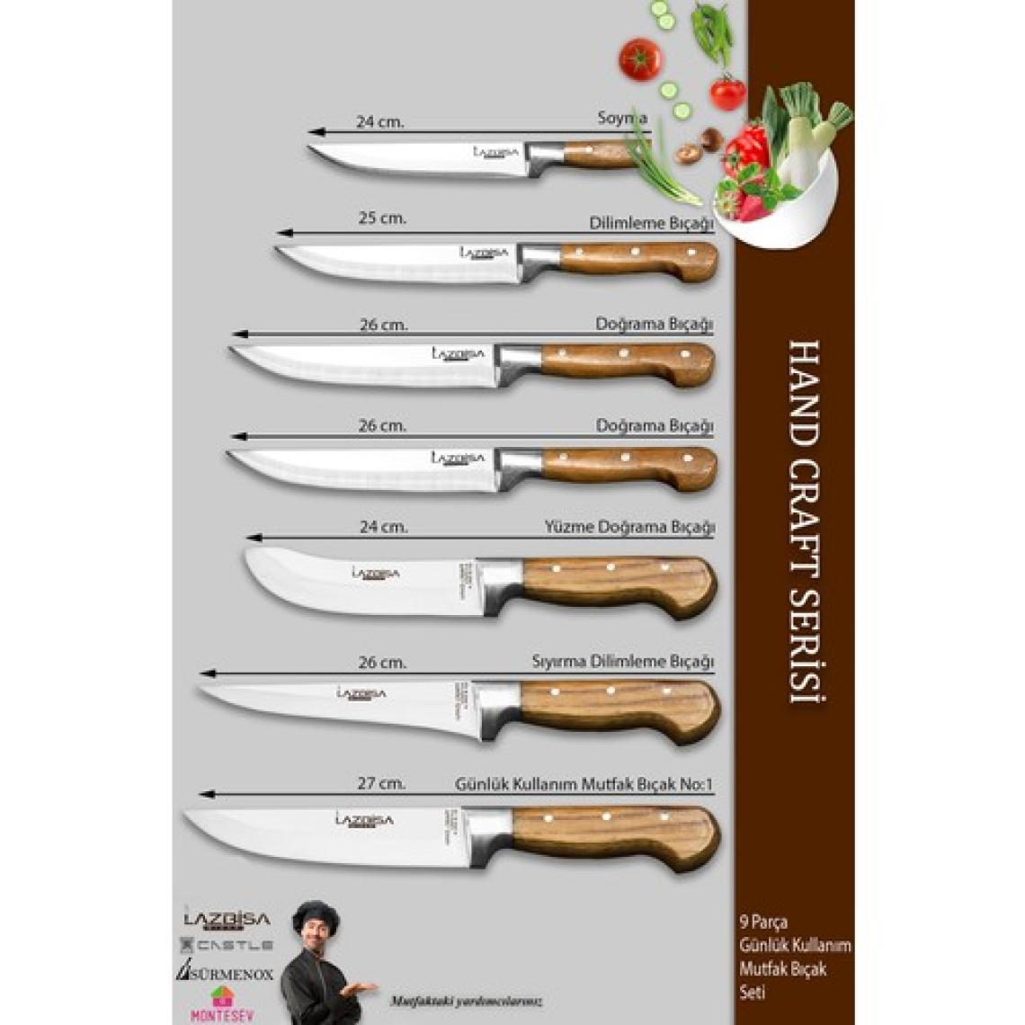 Lazbisa Hand Craft Pro Serisi Mutfak Bıçak Seti 9 Parça Et Ekmek Sebze Salata Börek Bıçağı (MFP-386)