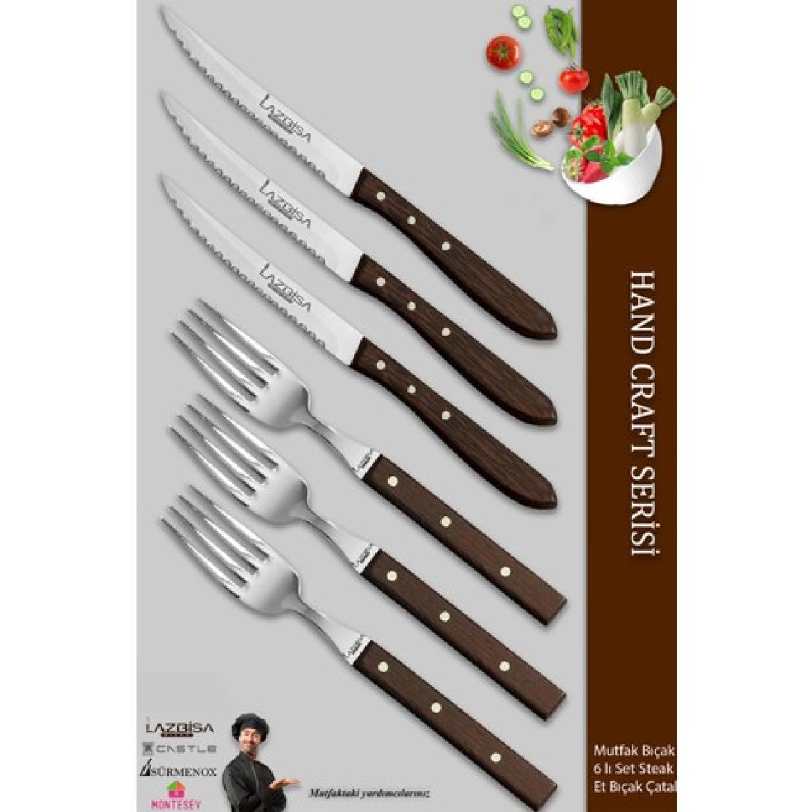 Lazbisa Hand Craft Serisi Steak Et Bıçağı Çatalı 6 Lı Set Mutfak Bıçak Seti ( Mtf-060 )