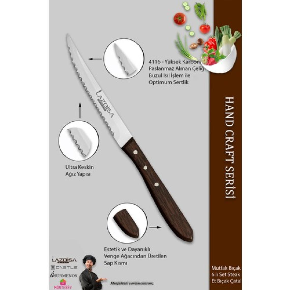 Lazbisa Hand Craft Serisi Steak Et Bıçağı Çatalı 6 Lı Set Mutfak Bıçak Seti ( Mtf-060 )