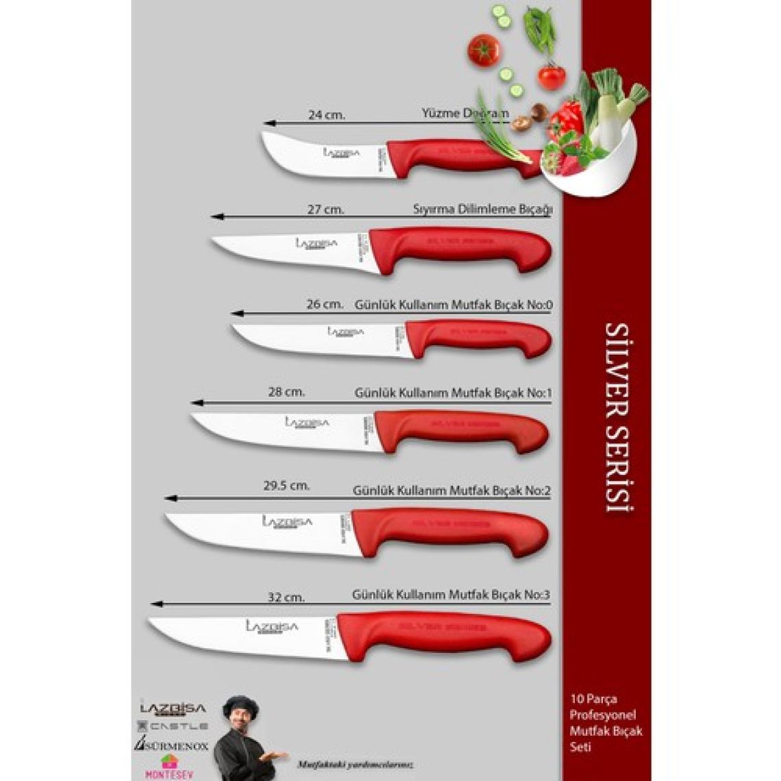 Lazbisa Silver Pro Serisi Mutfak Bıçak Seti 10 Parça Et Ekmek Sebze Soğan Börek Şef Bıçağı Satırı (MFP-369)