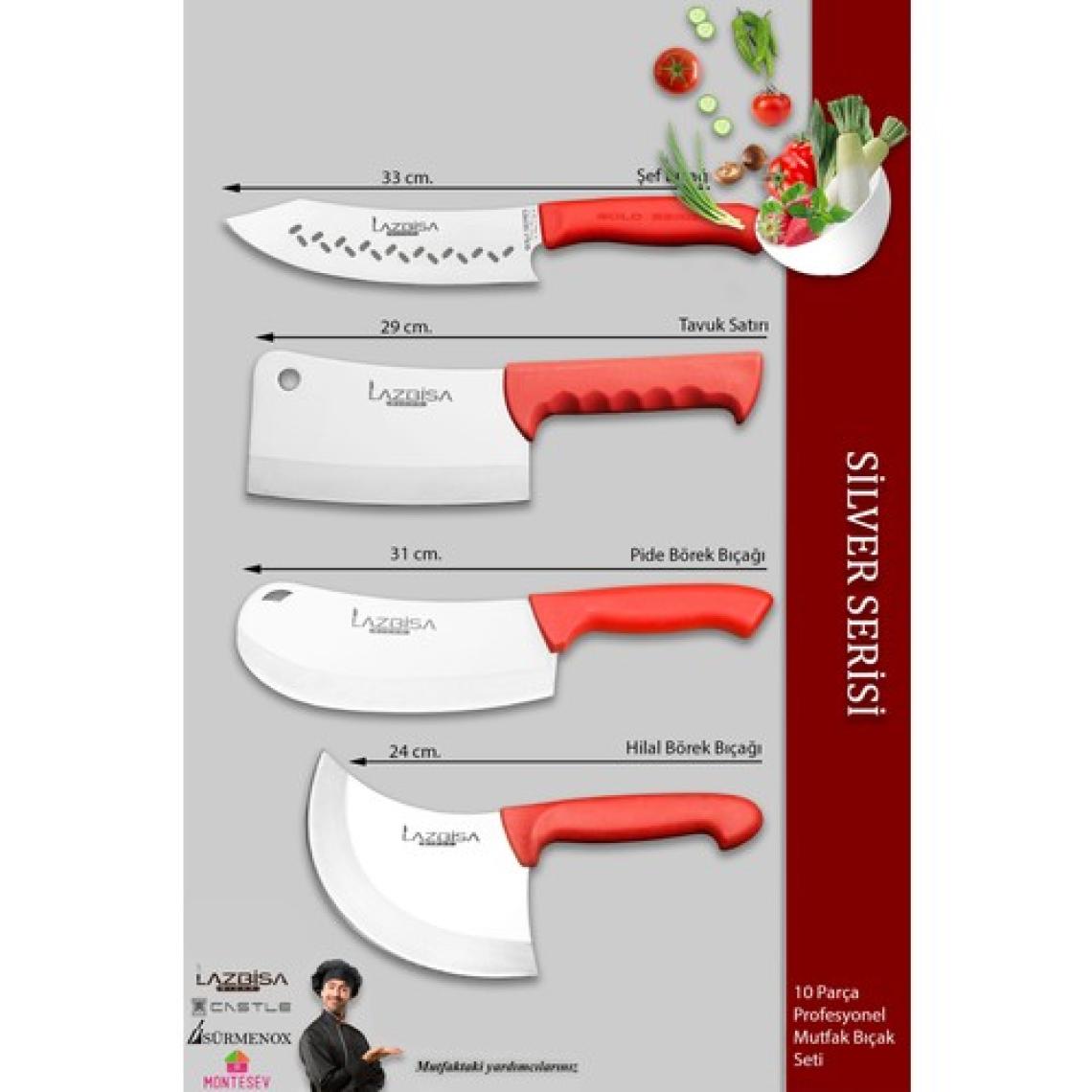 Lazbisa Silver Pro Serisi Mutfak Bıçak Seti 10 Parça Et Ekmek Sebze Soğan Börek Şef Bıçağı Satırı (MFP-369)