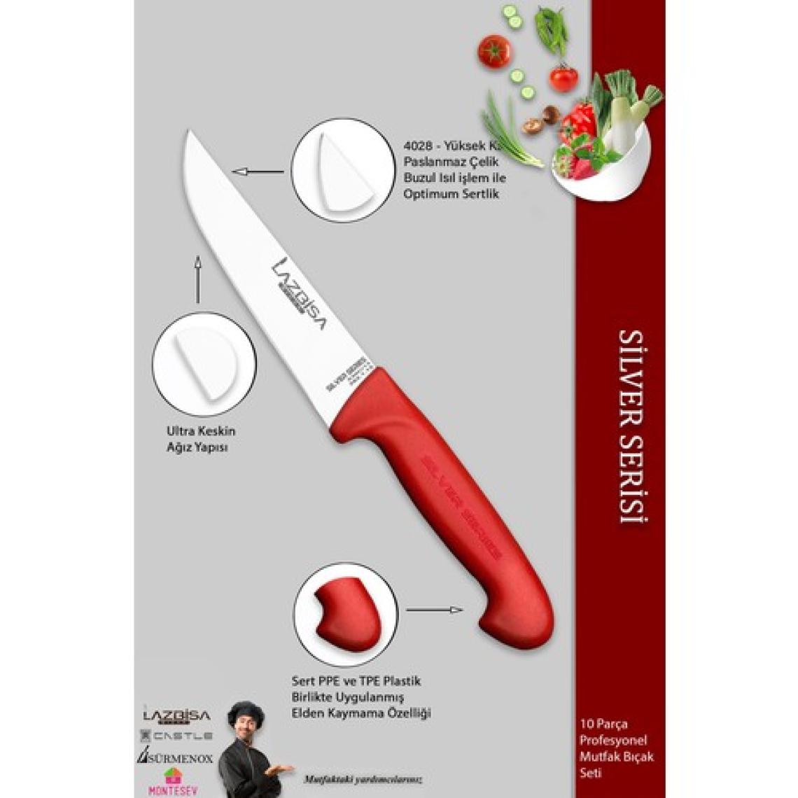 Lazbisa Silver Pro Serisi Mutfak Bıçak Seti 10 Parça Et Ekmek Sebze Soğan Börek Şef Bıçağı Satırı (MFP-369)