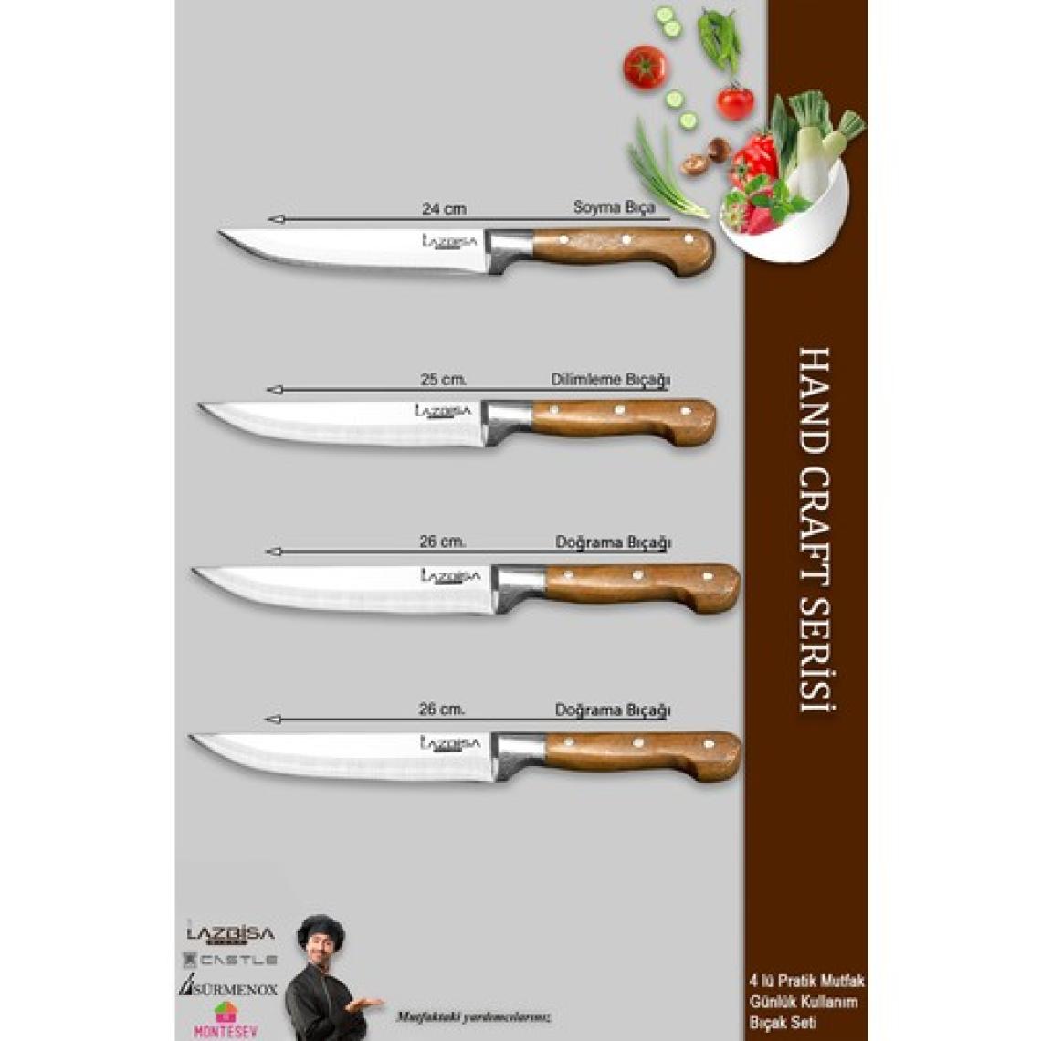 Lazbisa Hand Craft Mutfak Bıçak Seti Et Ekmek Sebze Meyve Doğrama Bıçağı 4 Lü Günlük Kullanım ( Mtf-050 )
