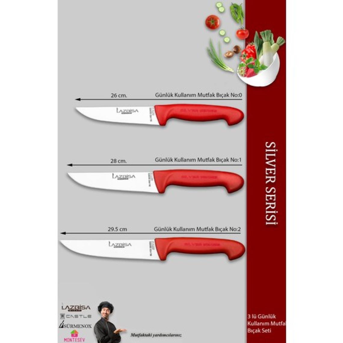 Lazbisa Silver Serisi Mutfak Bıçak Seti Et Ekmek Sebze Bıçağı 3 Lü Set Günlük Kullanım ( Mtf-220)