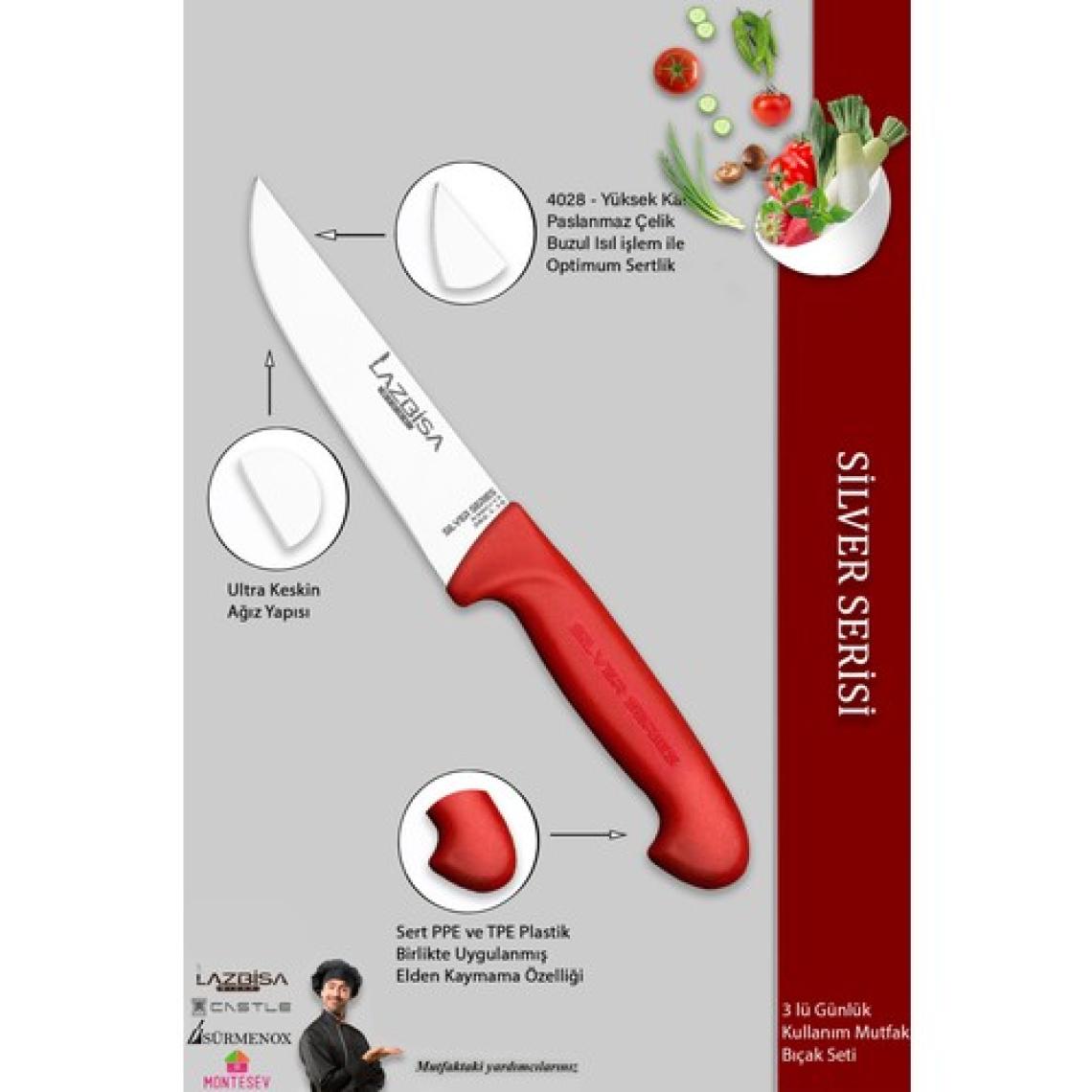Lazbisa Silver Serisi Mutfak Bıçak Seti Et Ekmek Sebze Bıçağı 3 Lü Set Günlük Kullanım ( Mtf-220)