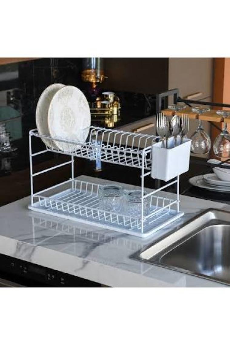 Zensan Beyaz Pe Kaplama Paslanmaz Iki Katlı Modüler Tabaklık/ Bulaşıklık (50 Cm)