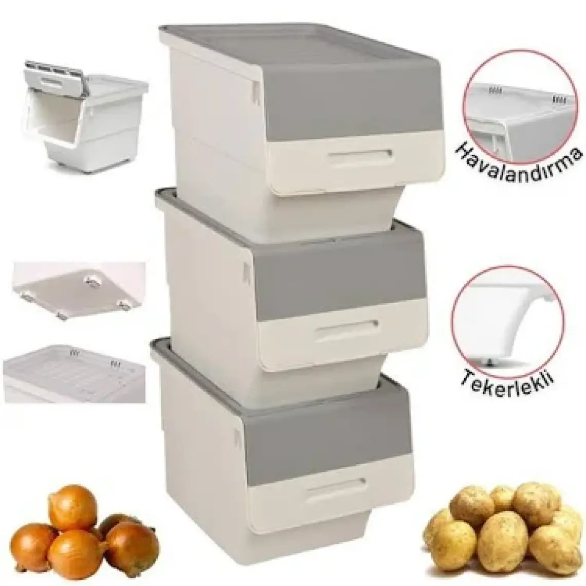 Geseus Motek Tekerlekli Patateslik Soğanlık Oyuncak Kutusu Patateslik Soğanlık Sepeti 3X12LT Beyaz+Gri