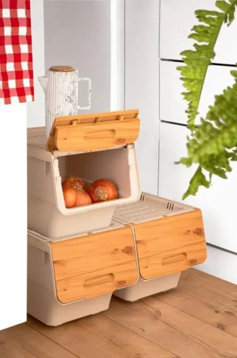 Geseus Motek Patateslik Soğanlık Sepeti Oyuncak Kutusu Tekerlekli Organızer Çok Amaçlı Kutu 3X12LT-BAMBU+KREM