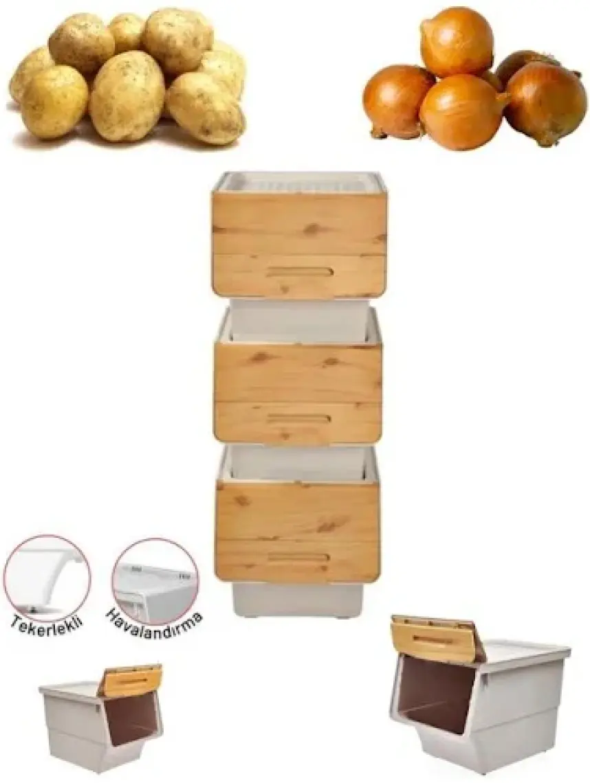 Geseus Motek Patateslik Soğanlık Sepeti Oyuncak Kutusu Tekerlekli Organızer Çok Amaçlı Kutu 3X12LT-BAMBU+KREM