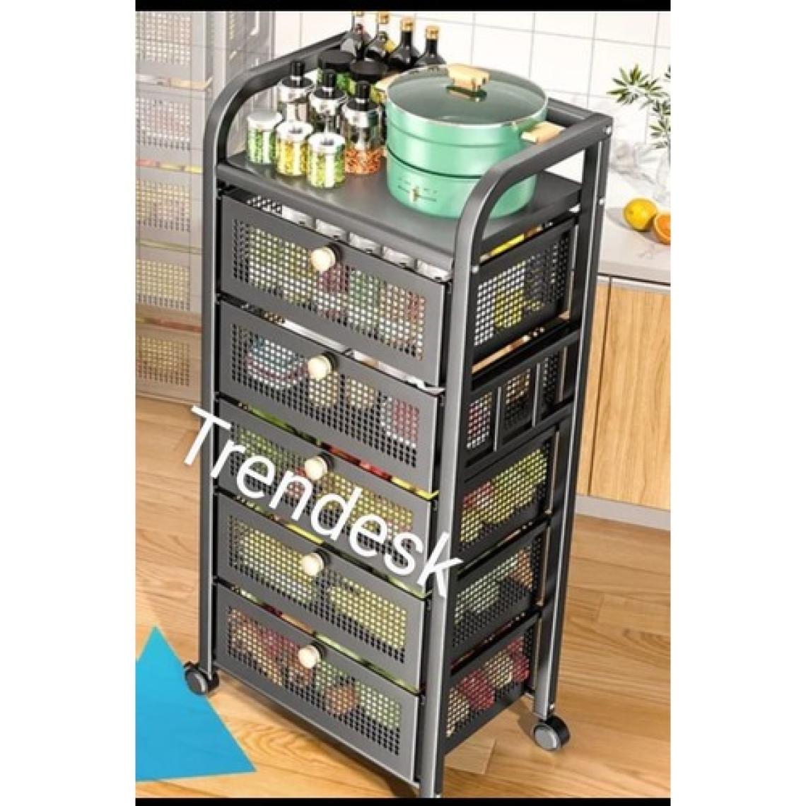 Trendesk 5 Katlı Metal Siyah Çekmeceli Tekerlekli Sebze Meyve Sepeti Mutfak Organizer Düzenleyici