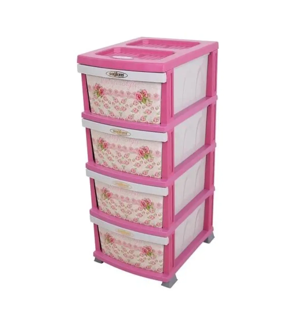 Sağlam Plastik Elegant Desenli Komidin (4 Çekmeceli Sebzelik) Pembe