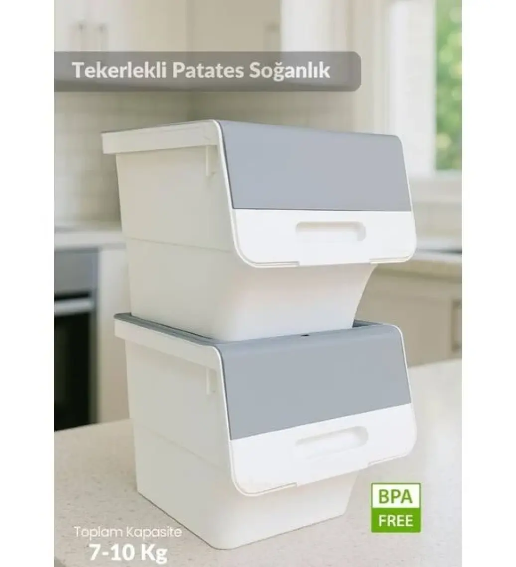 2’li Tekerlekli Patateslik Soğanlık BPA Free Erzak Kutusu Oyuncaklık Sebzelik Gri 24 Lt