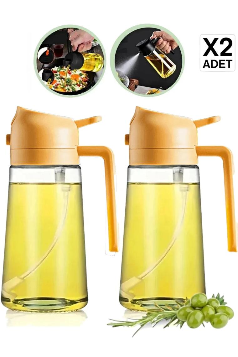 2 Adet Çift Fonksiyonlu Cam Yağdanlık 450ML Zeytinyağı Sıvıyağ Şişe Sprey Airfryer Yağlık Sirkelik