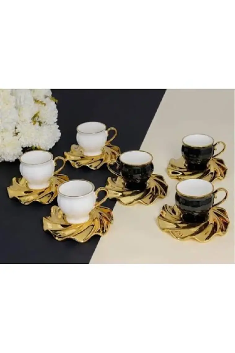 Luxury Mıranda Gold Yaldız Siyah Beyaz 6 Kişilik Porselen 95CC Kahve Fincan Takımı Purebone-46 1 Adet