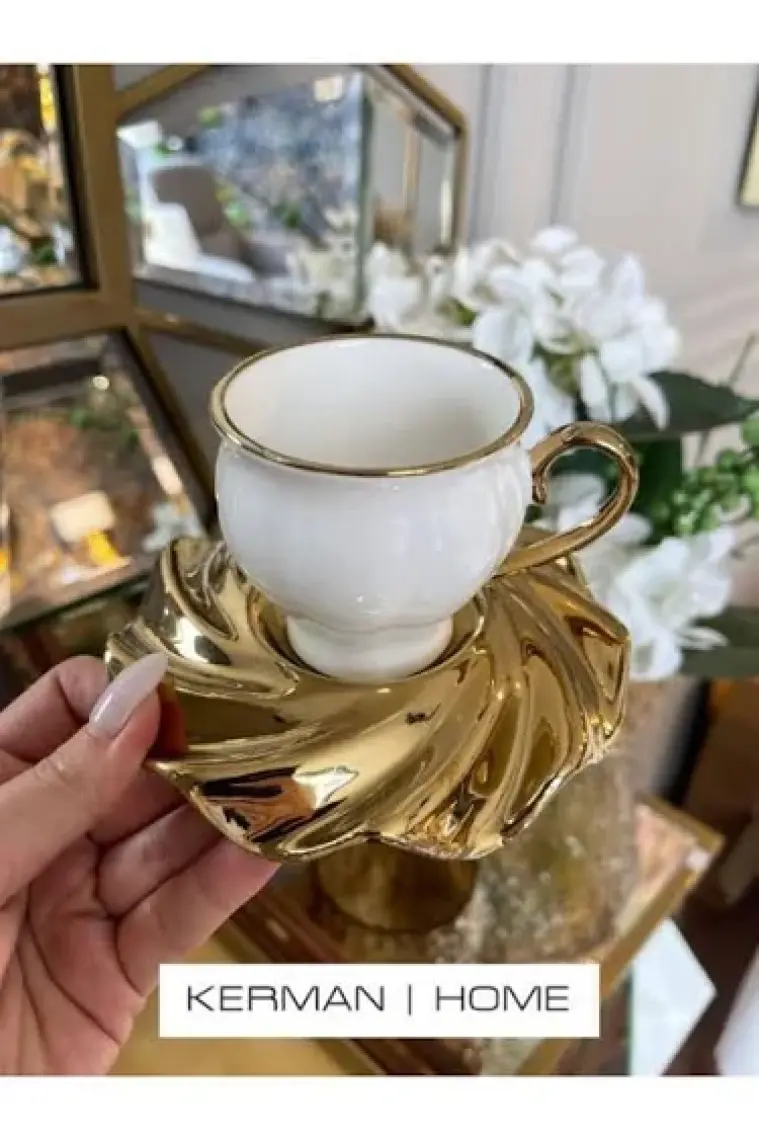 Luxury Mıranda Gold Yaldız Siyah Beyaz 6 Kişilik Porselen 95CC Kahve Fincan Takımı Purebone-46 1 Adet