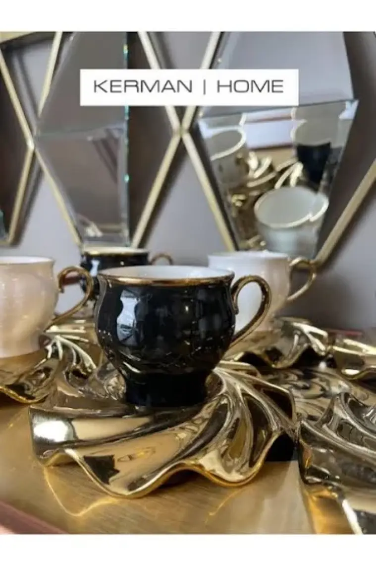 Luxury Mıranda Gold Yaldız Siyah Beyaz 6 Kişilik Porselen 95CC Kahve Fincan Takımı Purebone-46 1 Adet