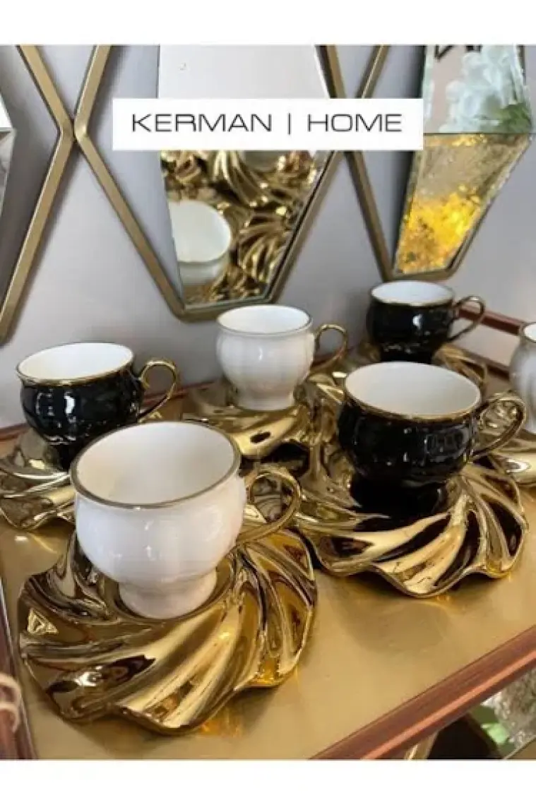 Luxury Mıranda Gold Yaldız Siyah Beyaz 6 Kişilik Porselen 95CC Kahve Fincan Takımı Purebone-46 1 Adet