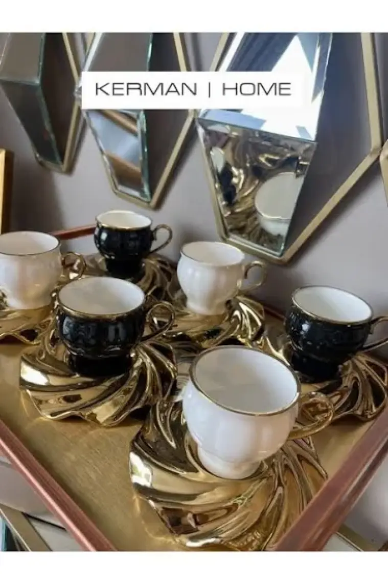 Luxury Mıranda Gold Yaldız Siyah Beyaz 6 Kişilik Porselen 95CC Kahve Fincan Takımı Purebone-46 1 Adet