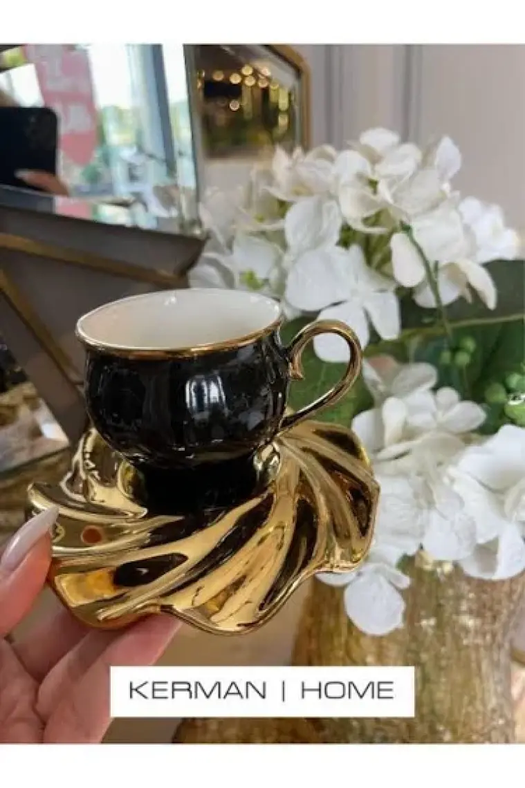 Luxury Mıranda Gold Yaldız Siyah Beyaz 6 Kişilik Porselen 95CC Kahve Fincan Takımı Purebone-46 1 Adet