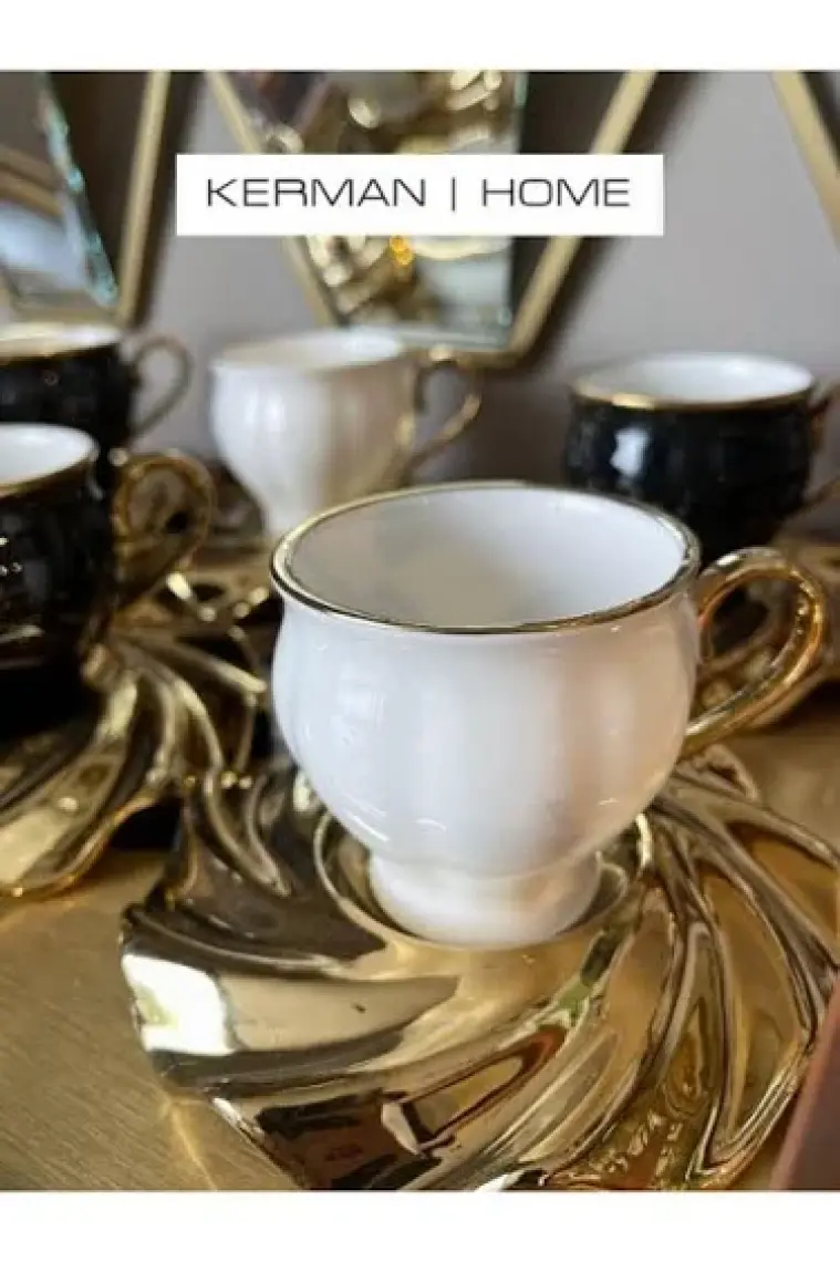 Luxury Mıranda Gold Yaldız Siyah Beyaz 6 Kişilik Porselen 95CC Kahve Fincan Takımı Purebone-46 1 Adet