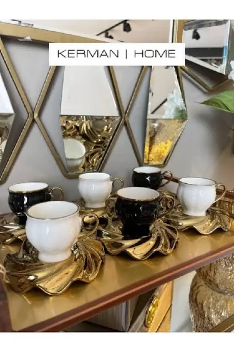Luxury Mıranda Gold Yaldız Siyah Beyaz 6 Kişilik Porselen 95CC Kahve Fincan Takımı Purebone-46 1 Adet