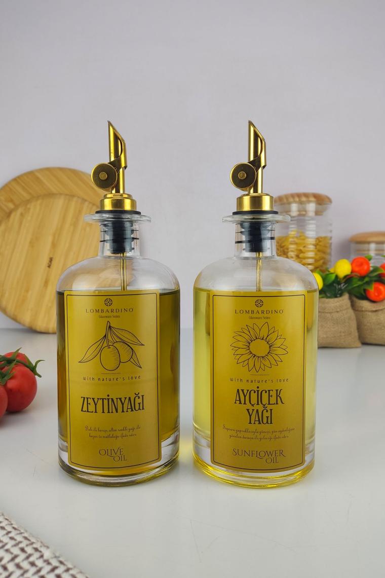 Digithome 2'li Zeytinyağı ve Sıvıyağ Şişesi Otomatik Kapaklı Gold Etiketli Yağdanlık 500 ml