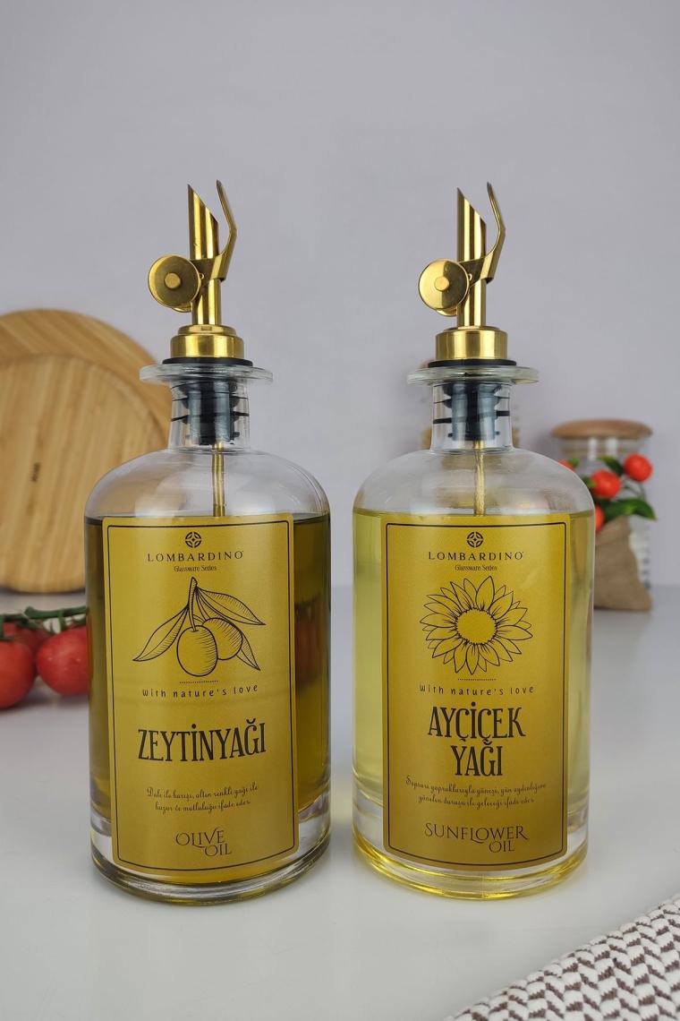 Digithome 2'li Zeytinyağı ve Sıvıyağ Şişesi Otomatik Kapaklı Gold Etiketli Yağdanlık 500 ml