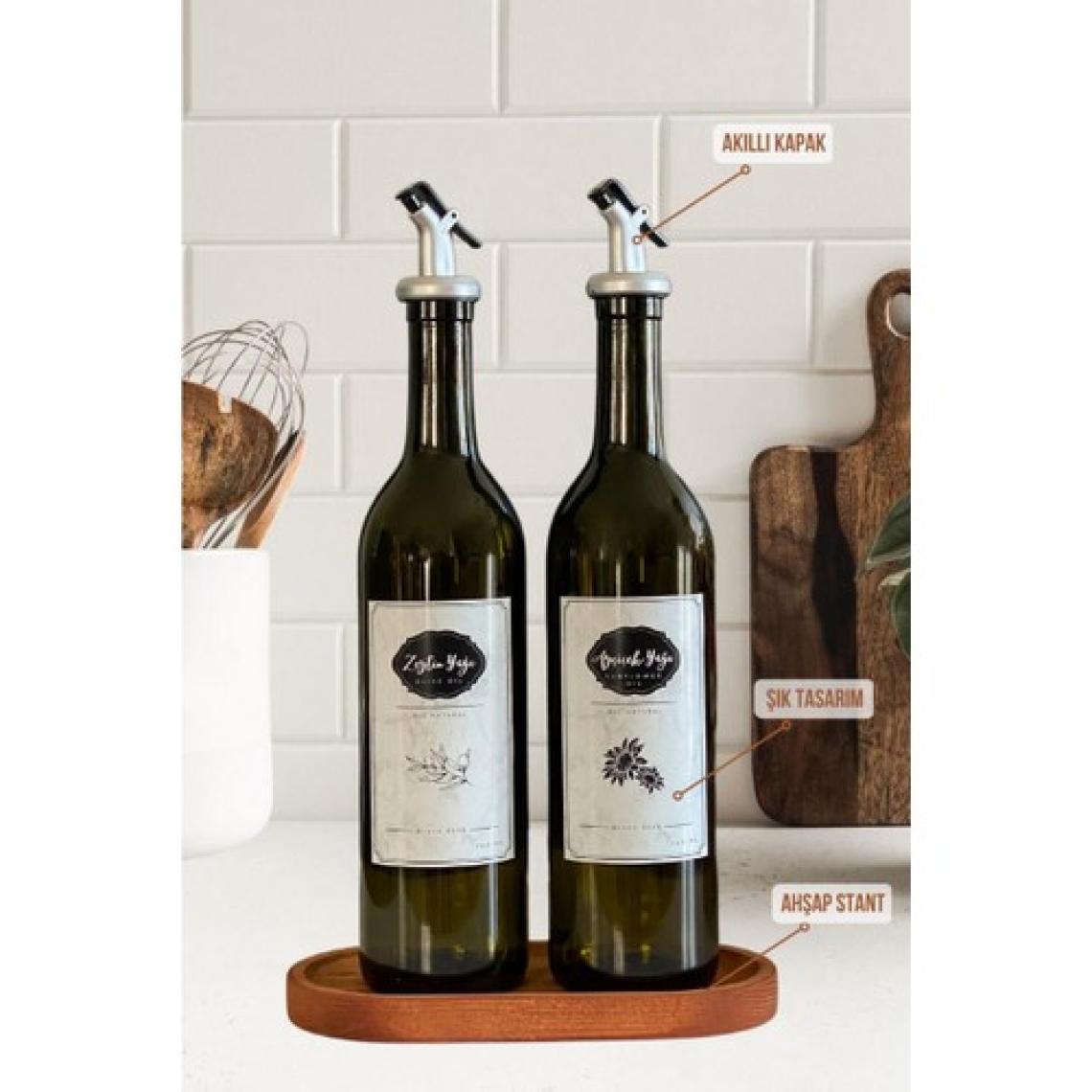 Black Deer Ahşap Stantlı Amber 2'li 750 ml Zeytinyağı Sıvıyağ Şişesi Damlatmaz Yağdanlık Yağlık Beyaz Etiketli