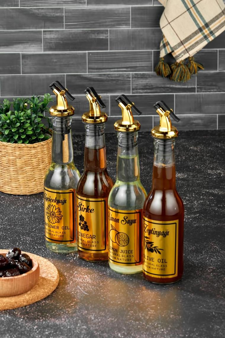 4 Lü Gold Kapaklı Yağdanlık Ve Sosluk Seti- 4 Lü Mini Yağdanlık Seti- Suya Dayanıklı Etiketli-250 Ml