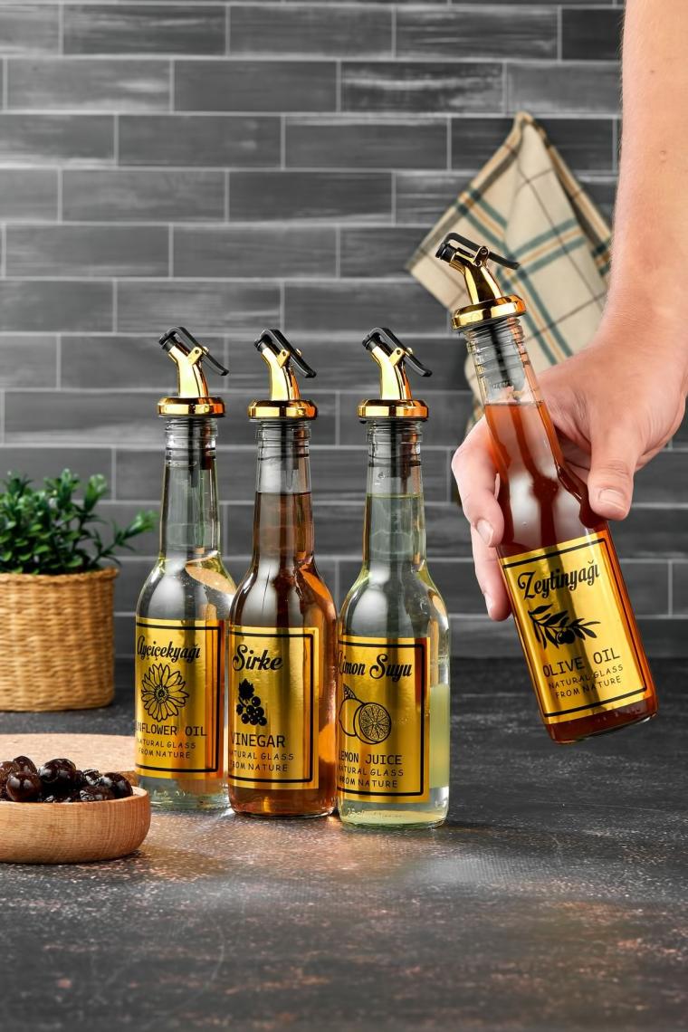 4 Lü Gold Kapaklı Yağdanlık Ve Sosluk Seti- 4 Lü Mini Yağdanlık Seti- Suya Dayanıklı Etiketli-250 Ml