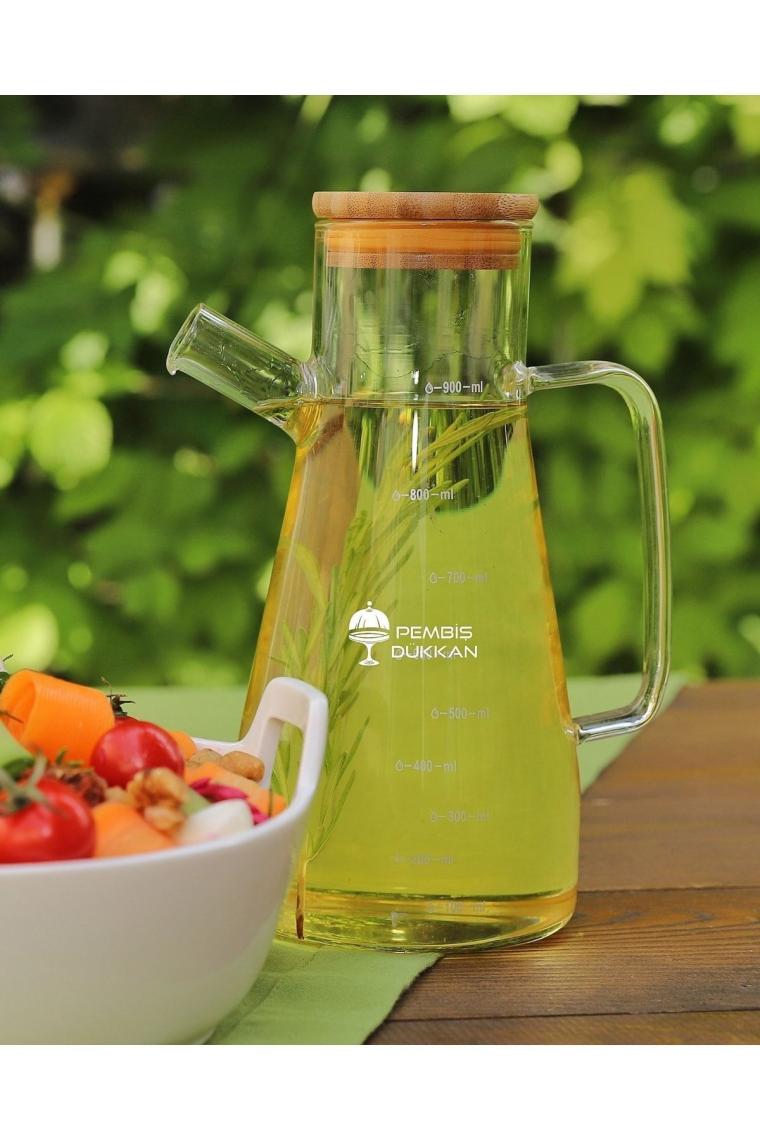 Paçi CAM-400804 Borosilikat Camlı Bambu Kapaklı 900ML Yağlık Sirkelik