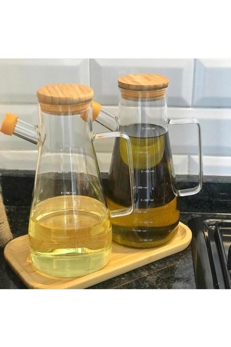 Bambu Kapaklı Bambu Altlıklı Vakumlu 3’lü Set Cam Yağdanlık ve Sirkelik