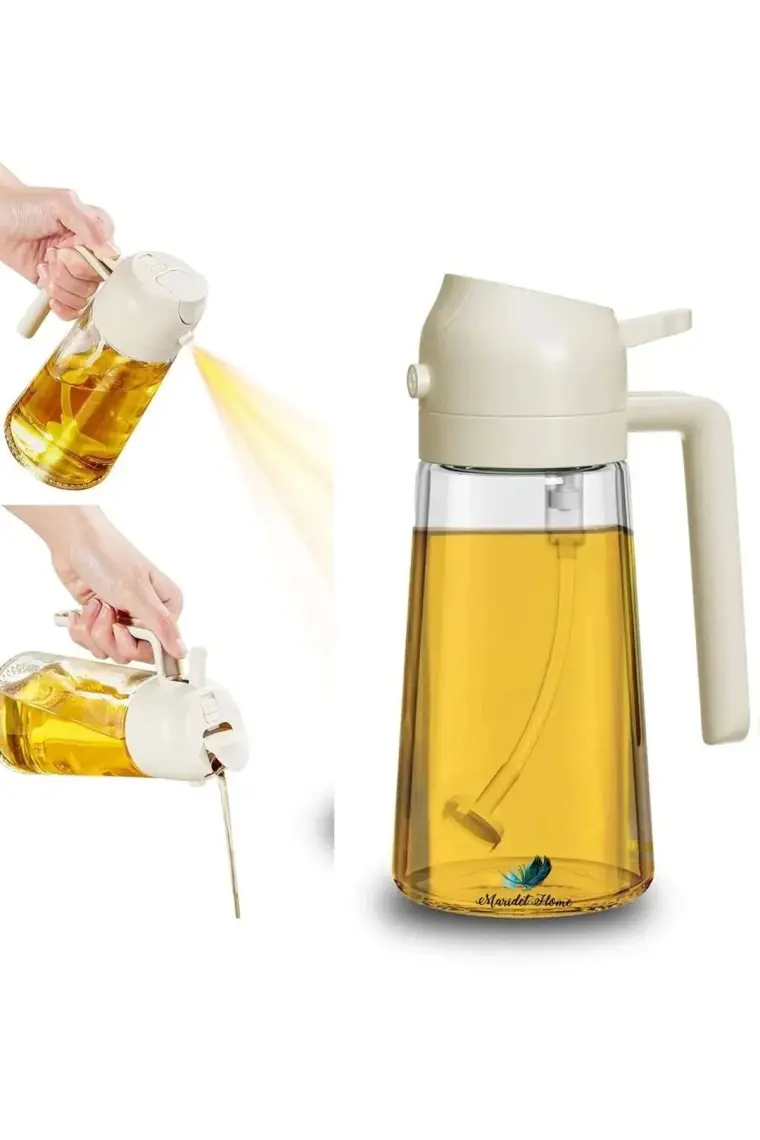 450 ML Çift Foksiyonlu Cam Yağdanlık ve Püskürtmeli Sprey Yağdanlık Sprey Yağlık Sirkelik | Yeşil-Krem