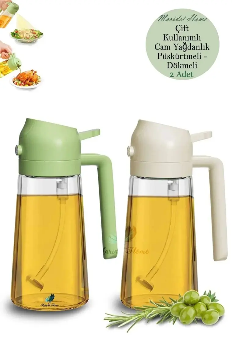450 ML Çift Foksiyonlu Cam Yağdanlık ve Püskürtmeli Sprey Yağdanlık Sprey Yağlık Sirkelik | Yeşil-Krem