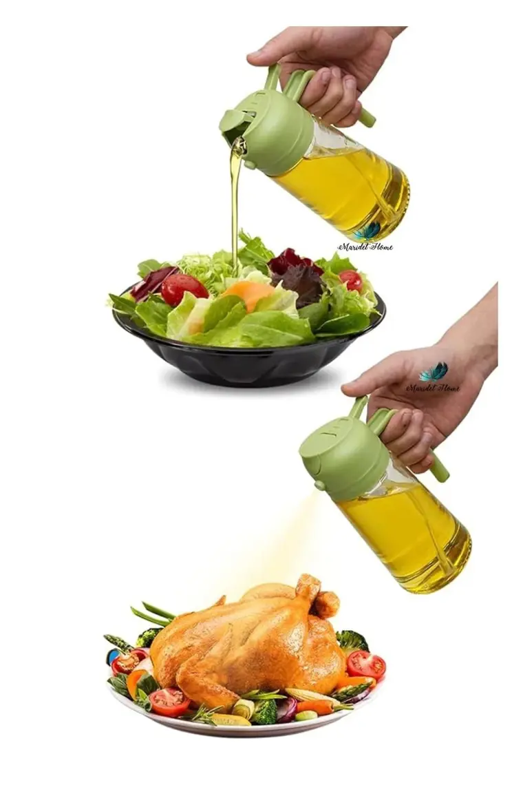 450 ML Çift Foksiyonlu Cam Yağdanlık ve Püskürtmeli Sprey Yağdanlık Sprey Yağlık Sirkelik | Yeşil-Krem