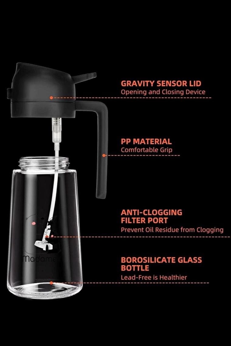 2 Adet Çift Fonksiyonlu Cam Yağdanlık 450ml Zeytinyağı Sıvıyağ Şişe Gri Airfryer Sprey Yağlık Sirkel
