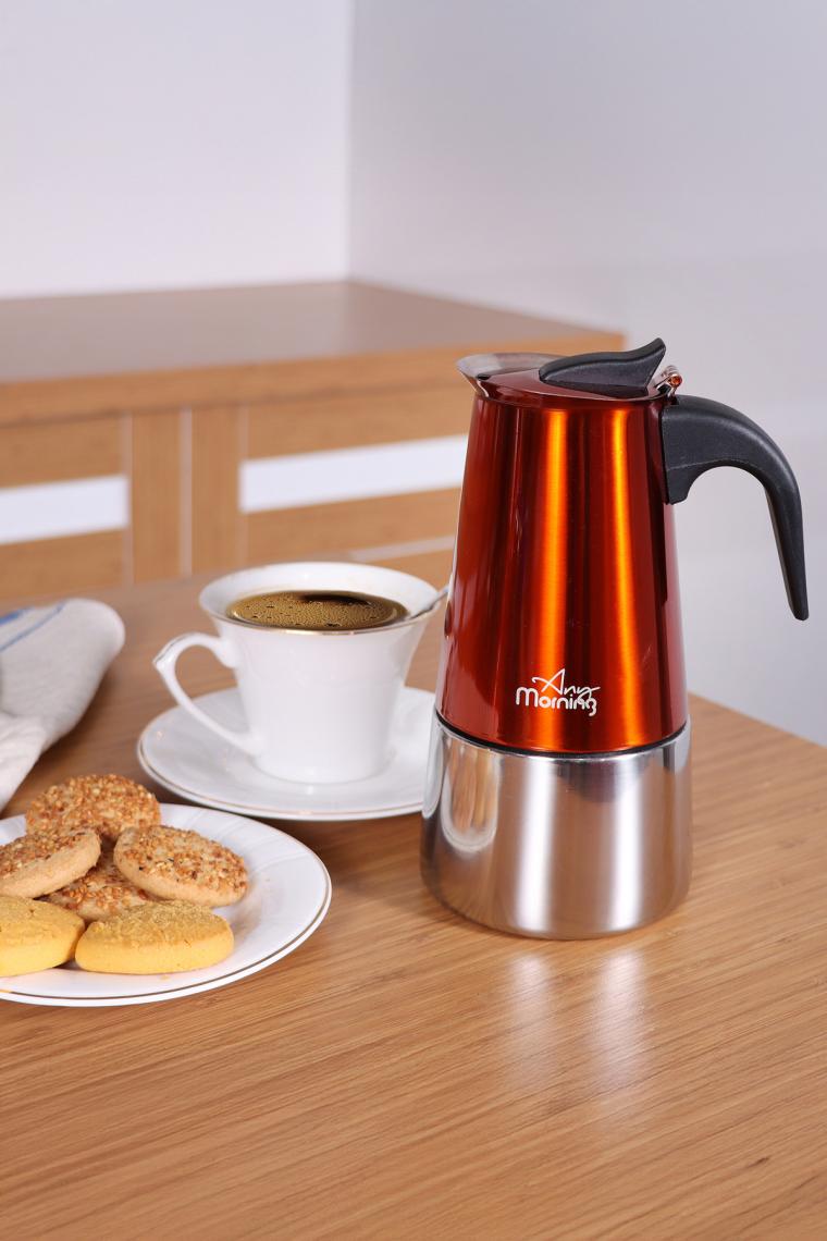 Any Morning FE001-6 Espresso Kahve Makinesi Paslanmaz Çelik Indüksiyonlu Moka Pot 300 ml Bakır